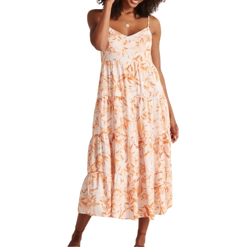 Abercrombie & Fitch Dress Womens XS White Orange Linen Tropical Leaf Tiered Midi